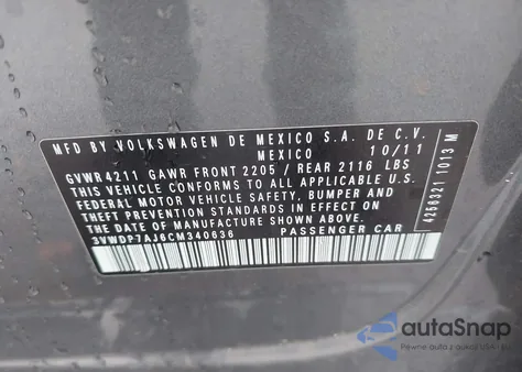 2012 Volkswagen Jetta 2.5L Se z USA, uszkodzony, nr VIN 3VWDP7AJ6CM340636